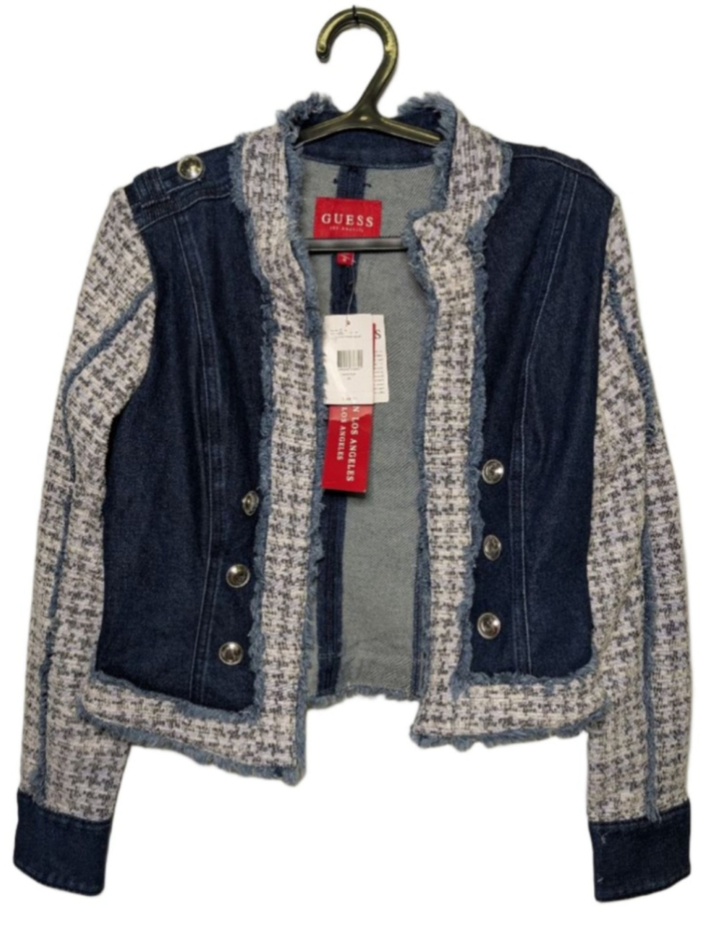 GUESS Runway Denim Tweed Jacket Womens Medium M NWT Frayed Military Blue Jean
